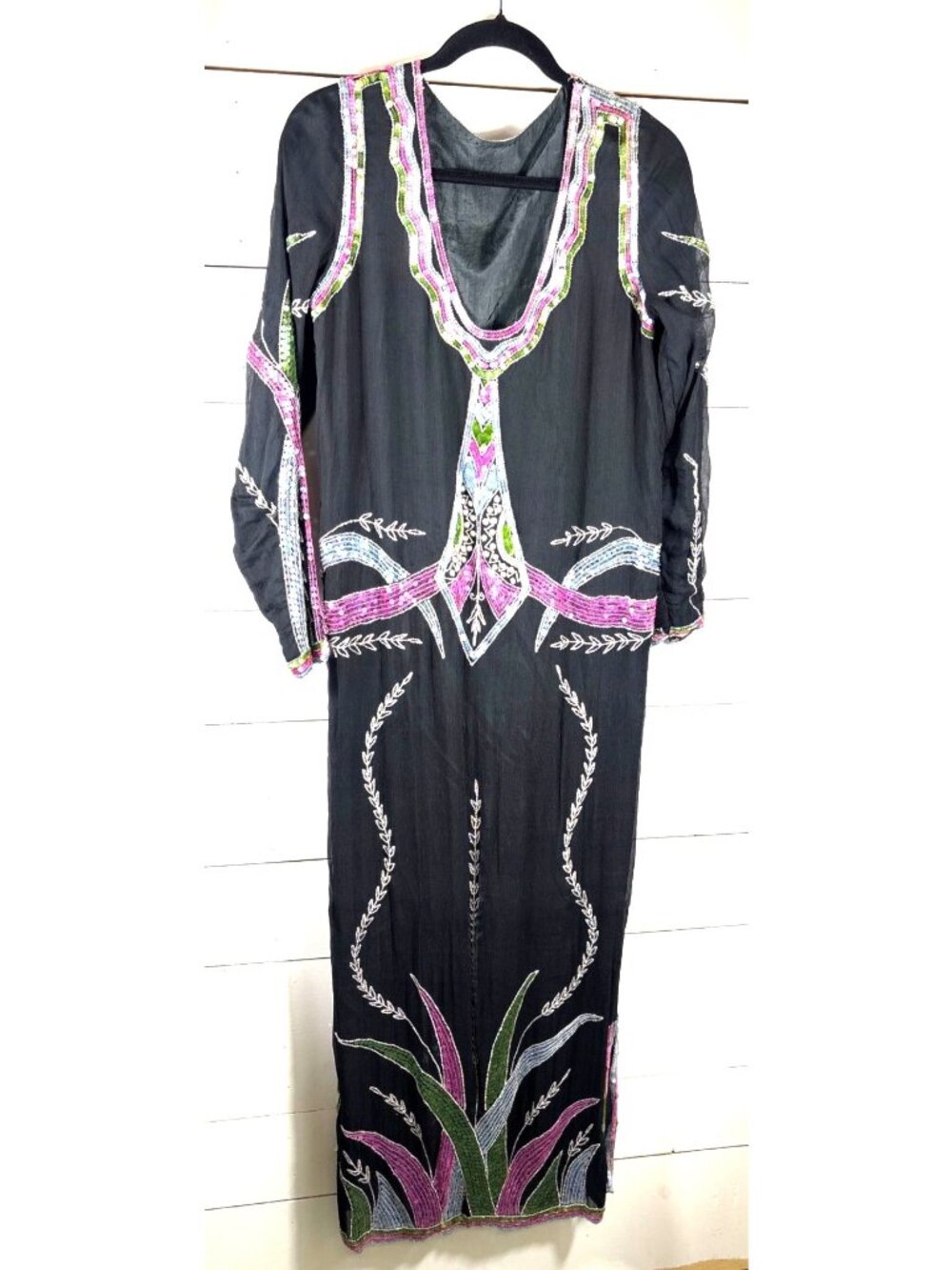 Vintage Asha Hand-Embroidered Black Silk Dress With Multicolor Sequin Accents &